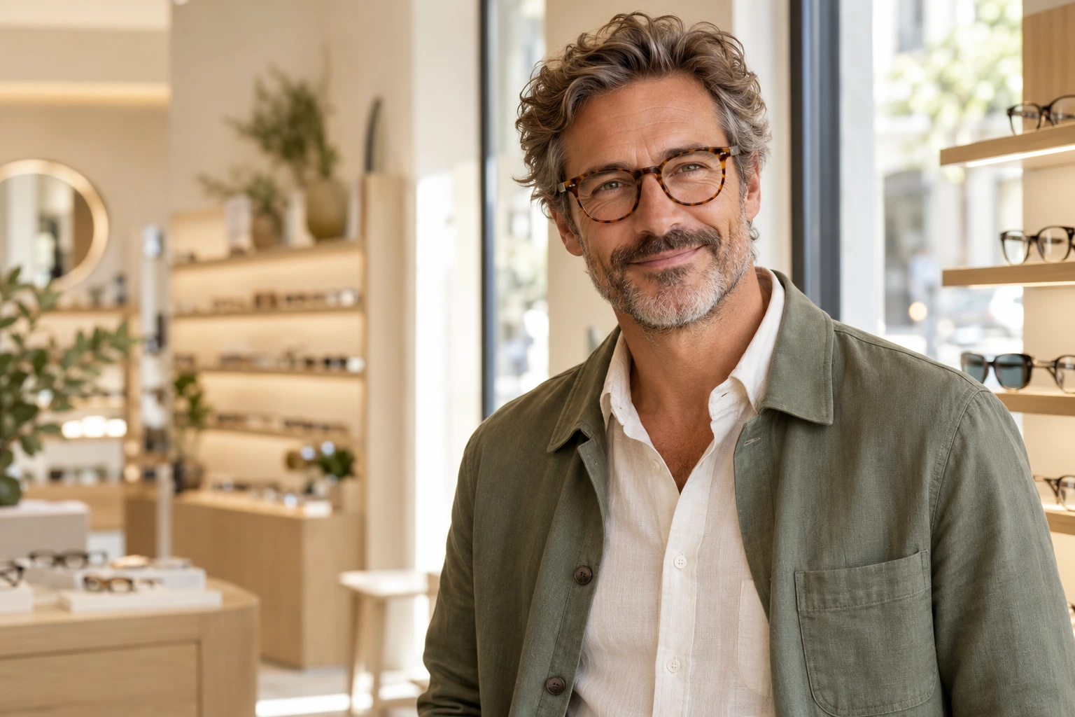 Un homme souriant porte ses lunettes dans une boutique d’optique — illustration